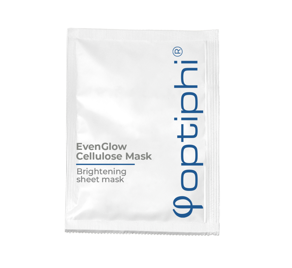 Optiphi EvenGlow Cellulose Mask brightening bio-cellulose face mask with Vitamin C, bearberry extract and white lily extract to enhance radiance and promote an even-looking skin tone